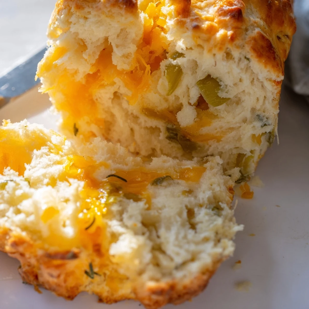 Savory Dill Pickle Sweet Tea Cheddar Biscuit Muffin Loaf slice on a rustic wooden board.  