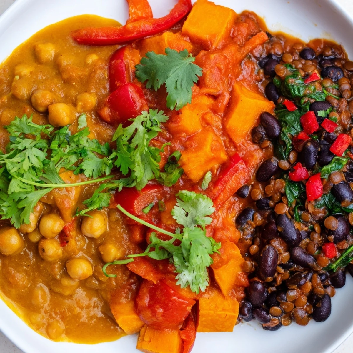 Savory Indian chickpea curry simmering with coconut milk and garnished with fresh cilantro.  
