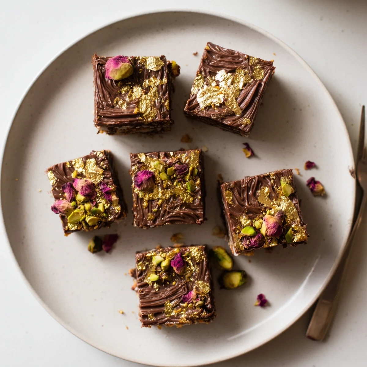 Gourmet chocolate bar inspired creations garnished with edible gold leaf and rose petals.  