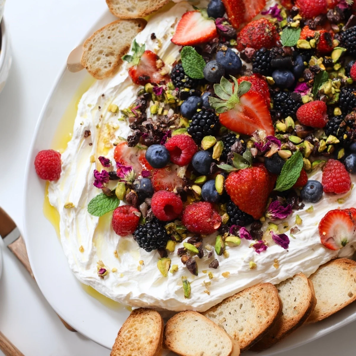 Indulgent Butter Board Dessert Version topped with fresh berries and drizzled honey.  