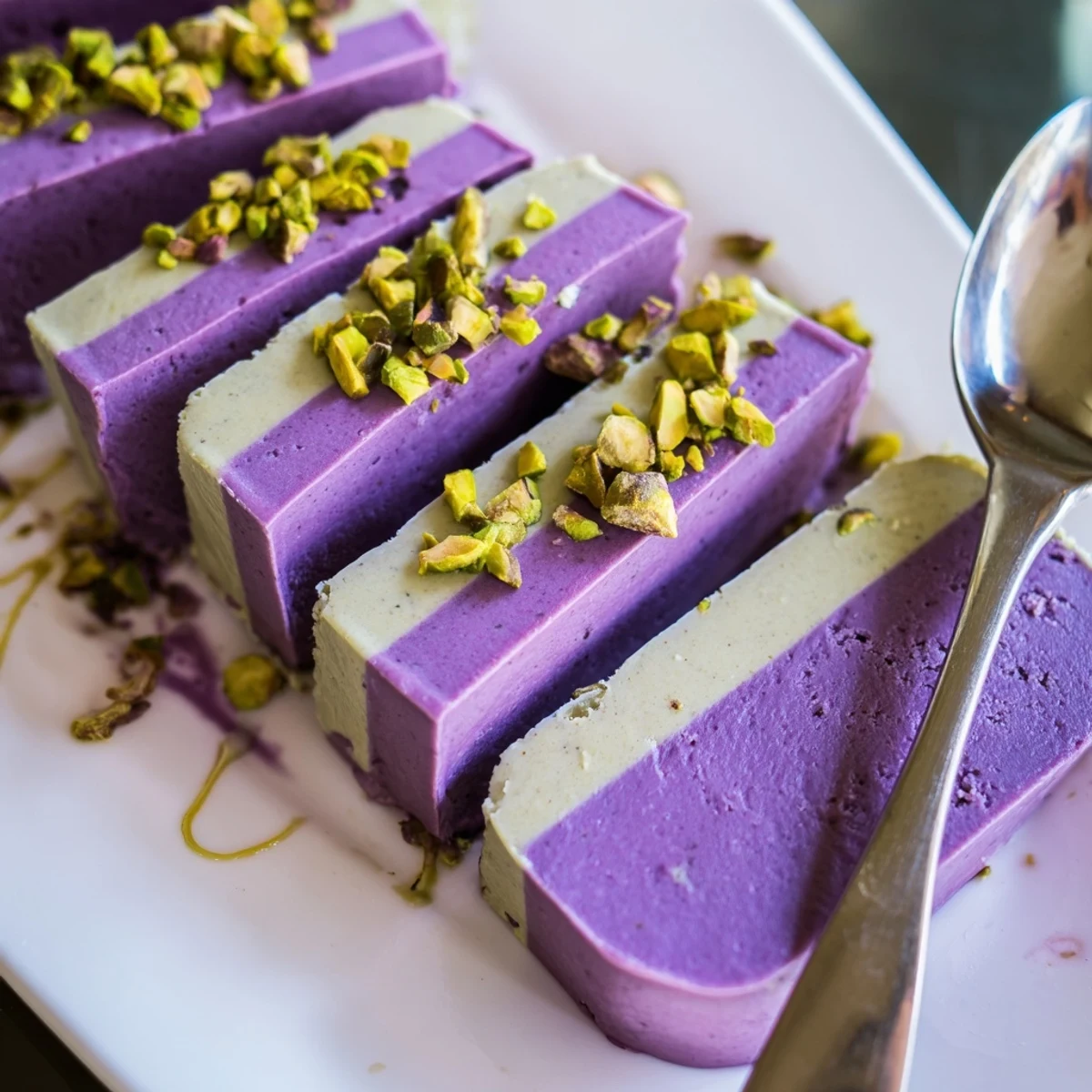 Vibrant ube and nutty pistachio layers in refreshing ice cream bars, deliciously delightful.  