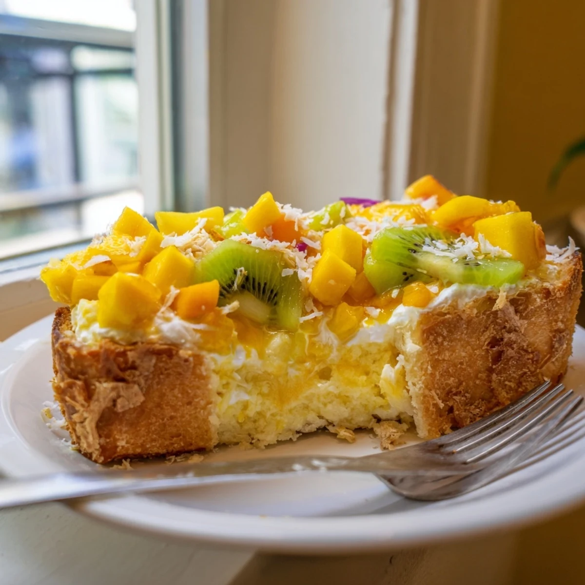 Satisfying yogurt-custard toast, featuring tropical fruits and a golden toasted crust.  