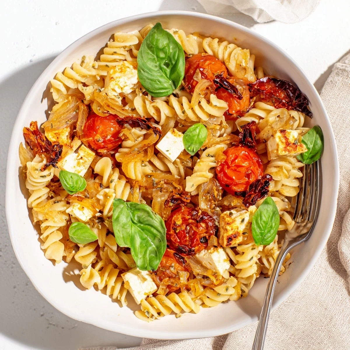 Creamy Baked Feta Pasta with caramelized onions and sun-dried tomatoes, ready to serve.