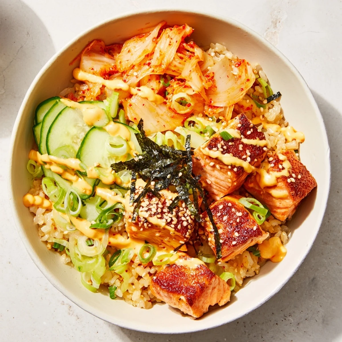 Vibrant Crispy Salmon Rice Bowl brimming with textures and flavors, perfect for lunch.  