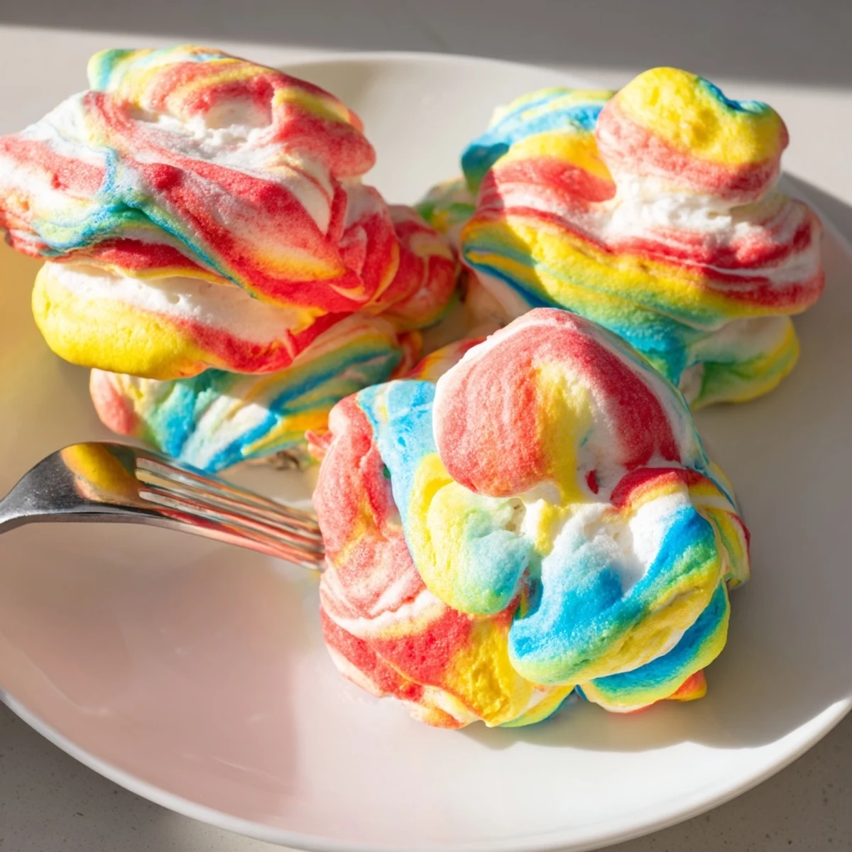 Colorful cloud bread recipe featuring a light, airy texture and delightful rainbow hues.  
