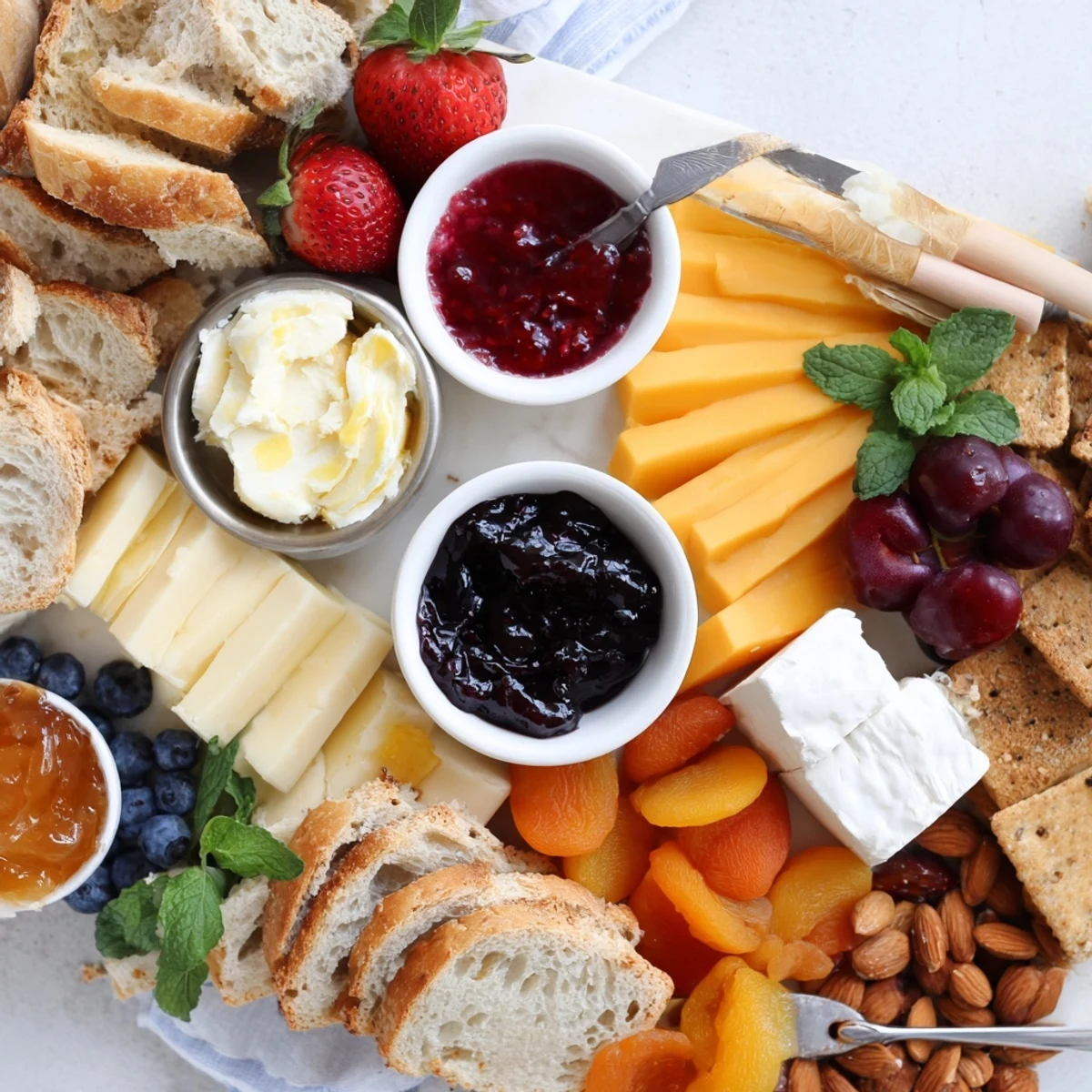 A colorful jam-infused brunch board featuring cheeses, fruits, and artisan breads.  