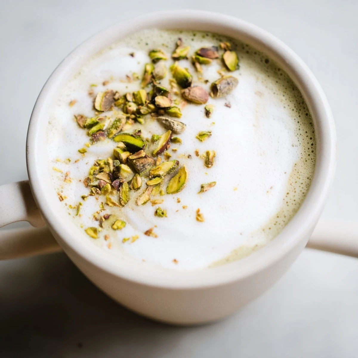 Creamy pistachio milk latte topped with crushed nuts for a delightful coffee experience.  