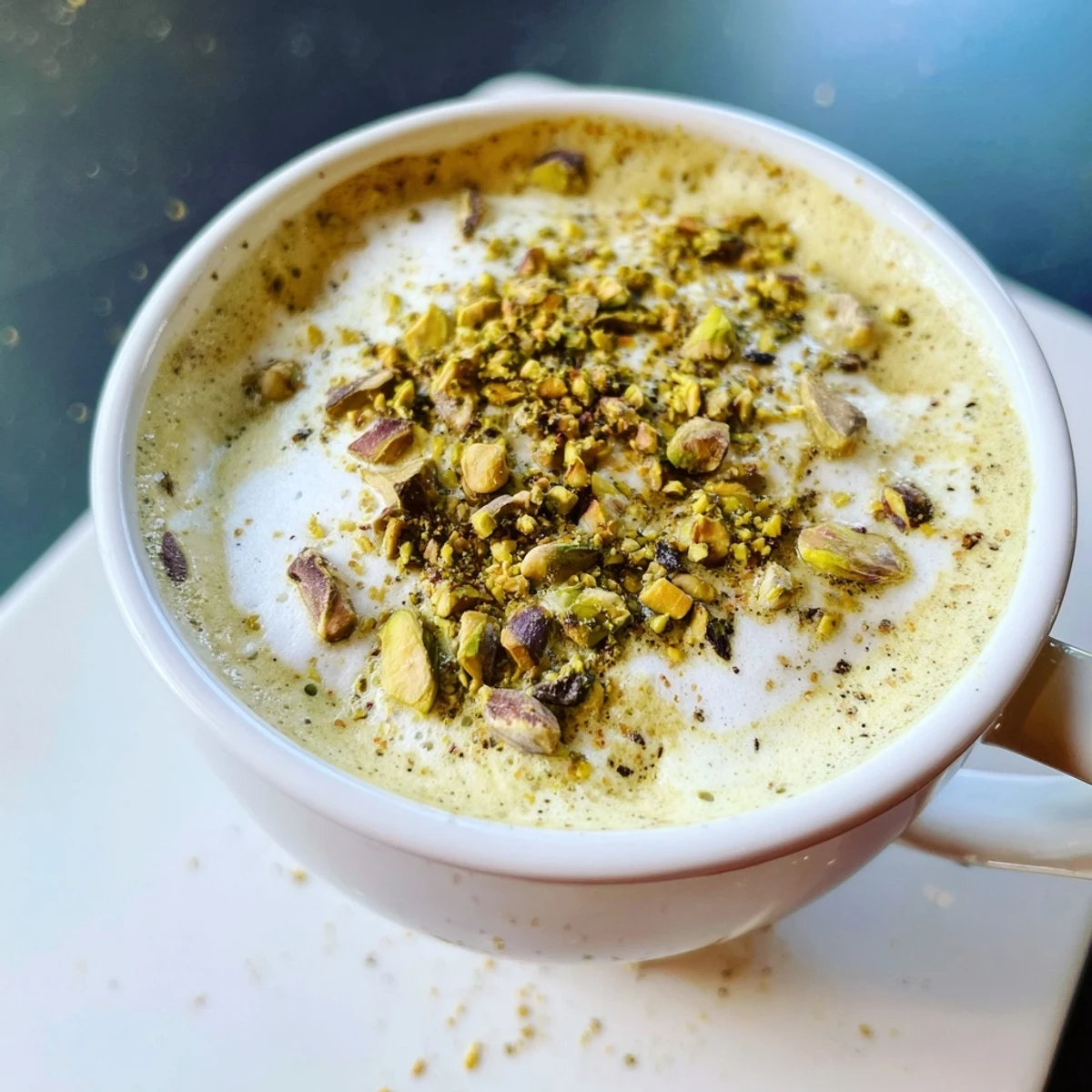 Homemade pistachio milk latte in a warm cup, a nutty coffeehouse favorite.  