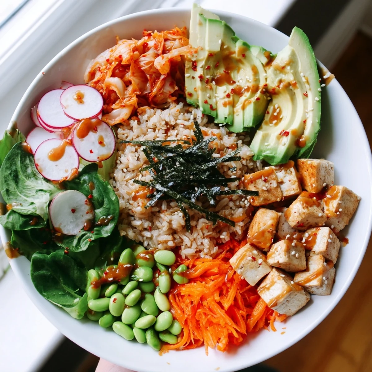 A colorful Fermented Vegetable Bowl with kimchi, fresh veggies, and avocado slices.  