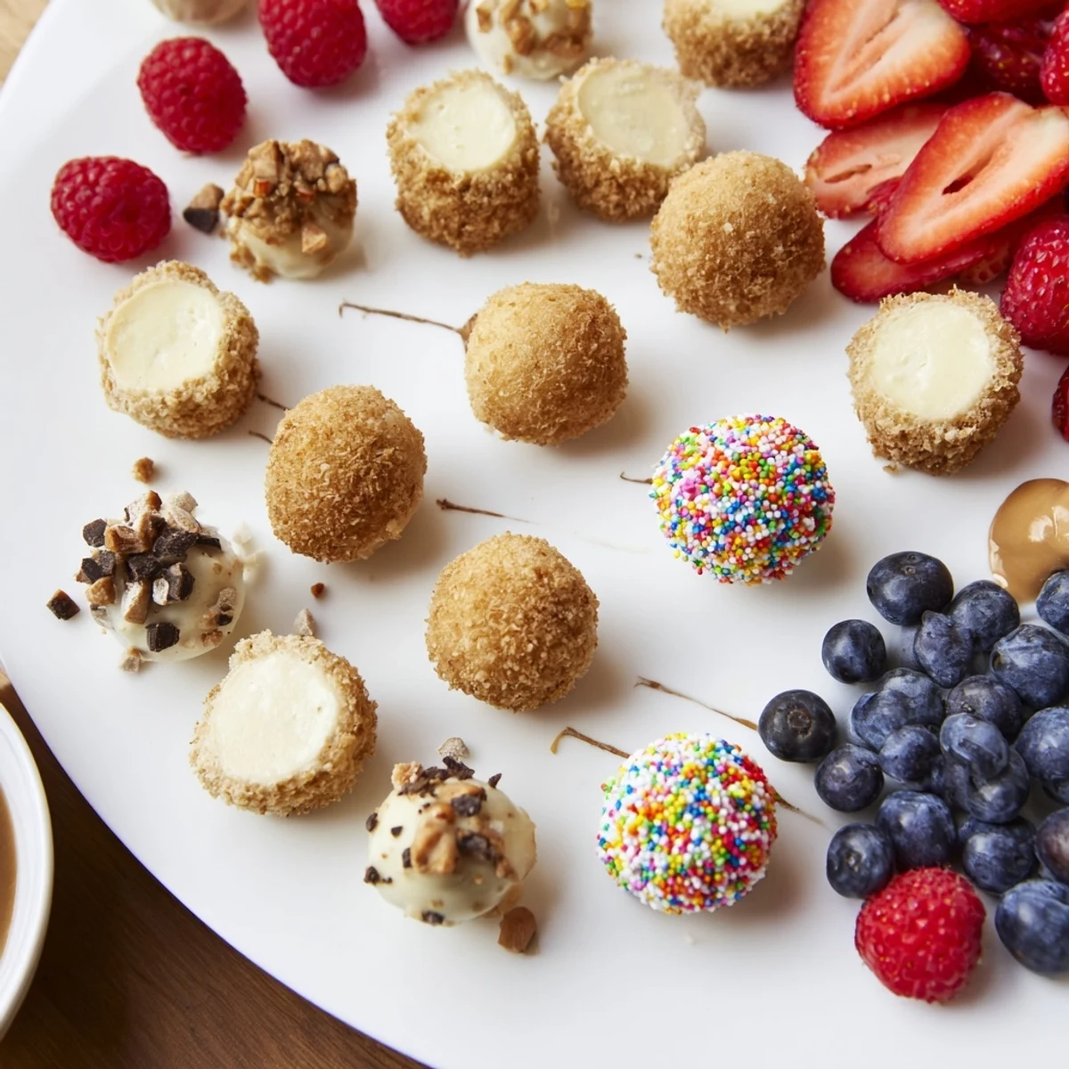 Deconstructed dessert board showcasing cheesecake bites and vibrant fresh fruit toppings.  