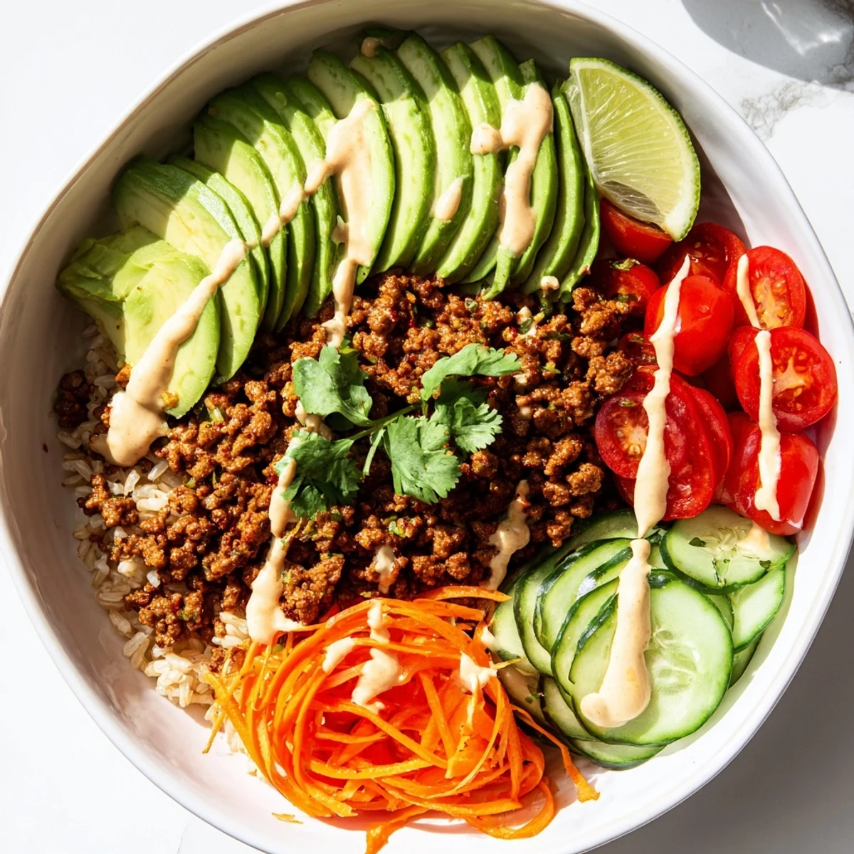 A colorful plant-based meat bowl filled with fresh vegetables and nutritious toppings.  