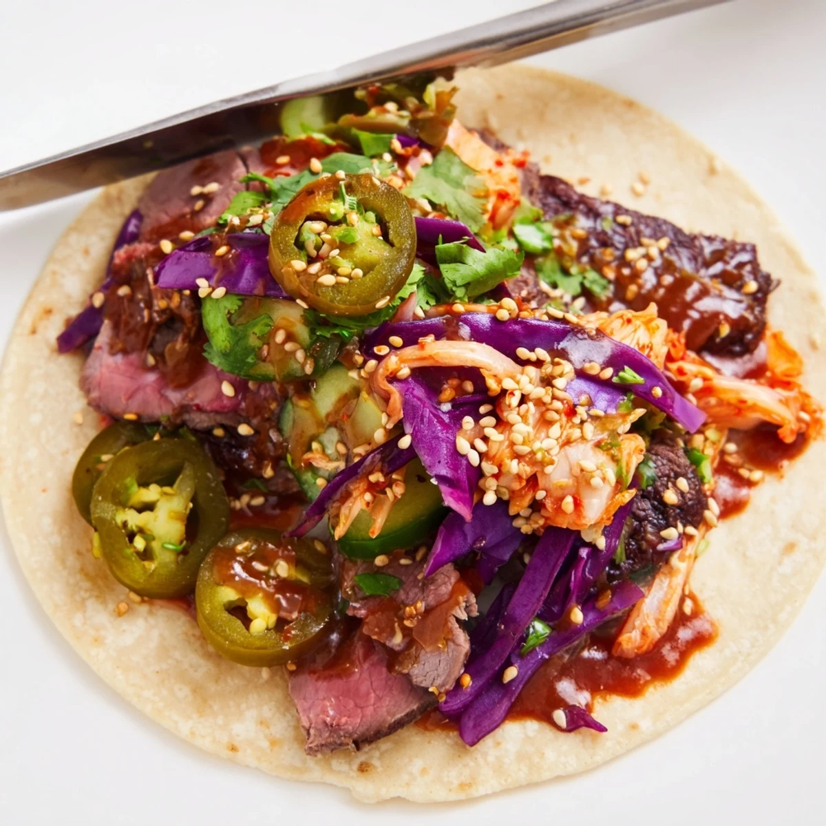Deliciously marinated beef tacos drizzled with creamy ube and topped with fresh veggies.  