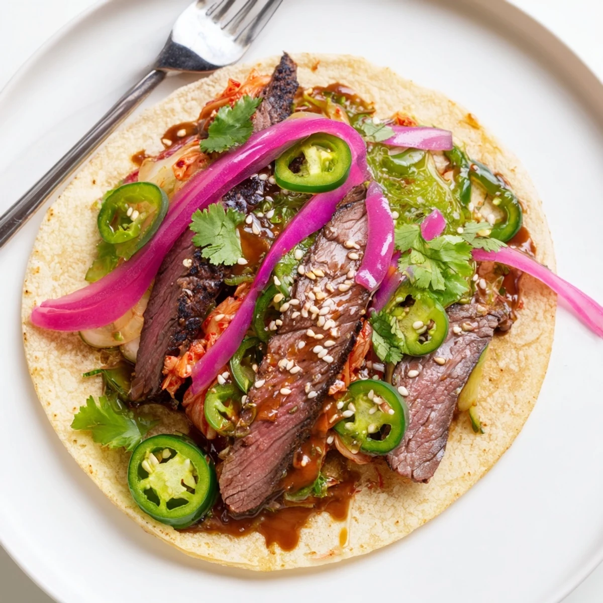 Flavorful Fusion Tacos filled with Korean-inspired beef, tangy ube crema, and vibrant toppings.