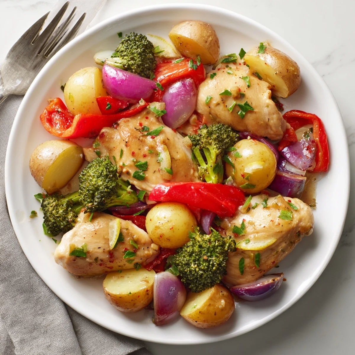 Succulent Lazy Gourmet Chicken & Vegetable One-Pot served with vibrant fresh herbs.