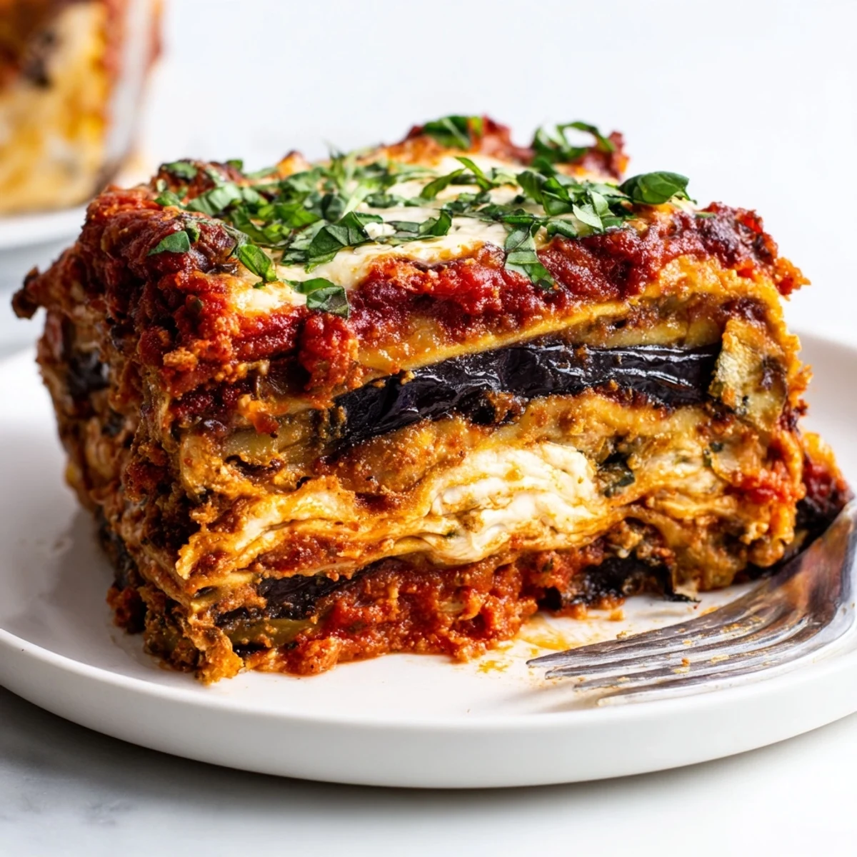 Delicious Eggplant Parmesan Lasagna with gooey cheese and rich tomato sauce layers.  