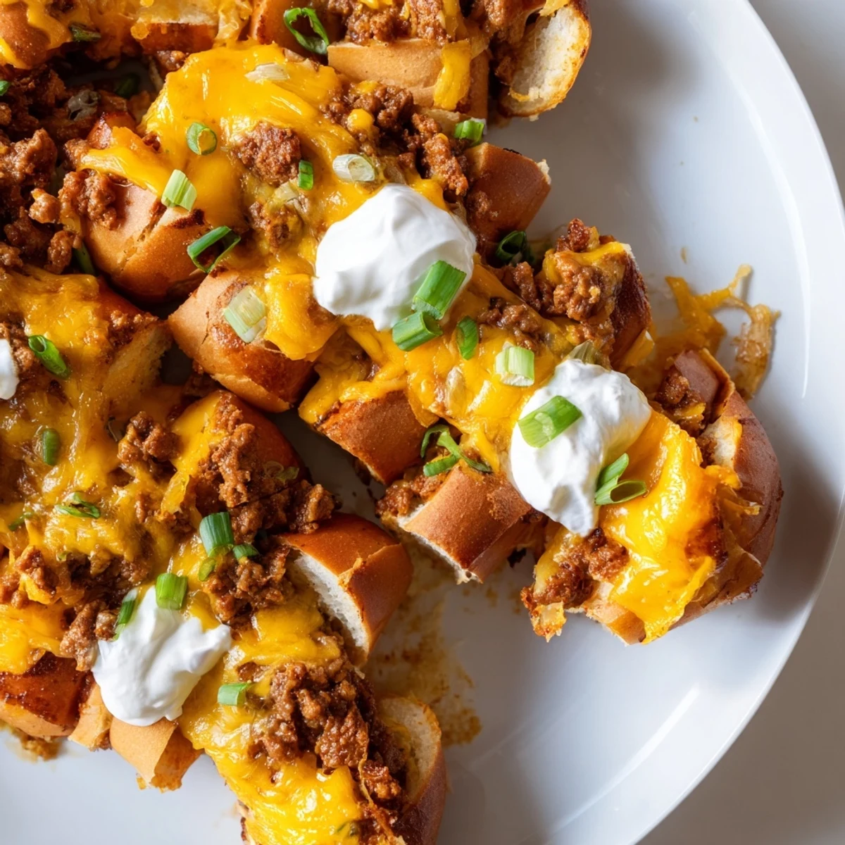 Baked Chili Dog Casserole topped with melted cheese and fresh chives for flavor.  