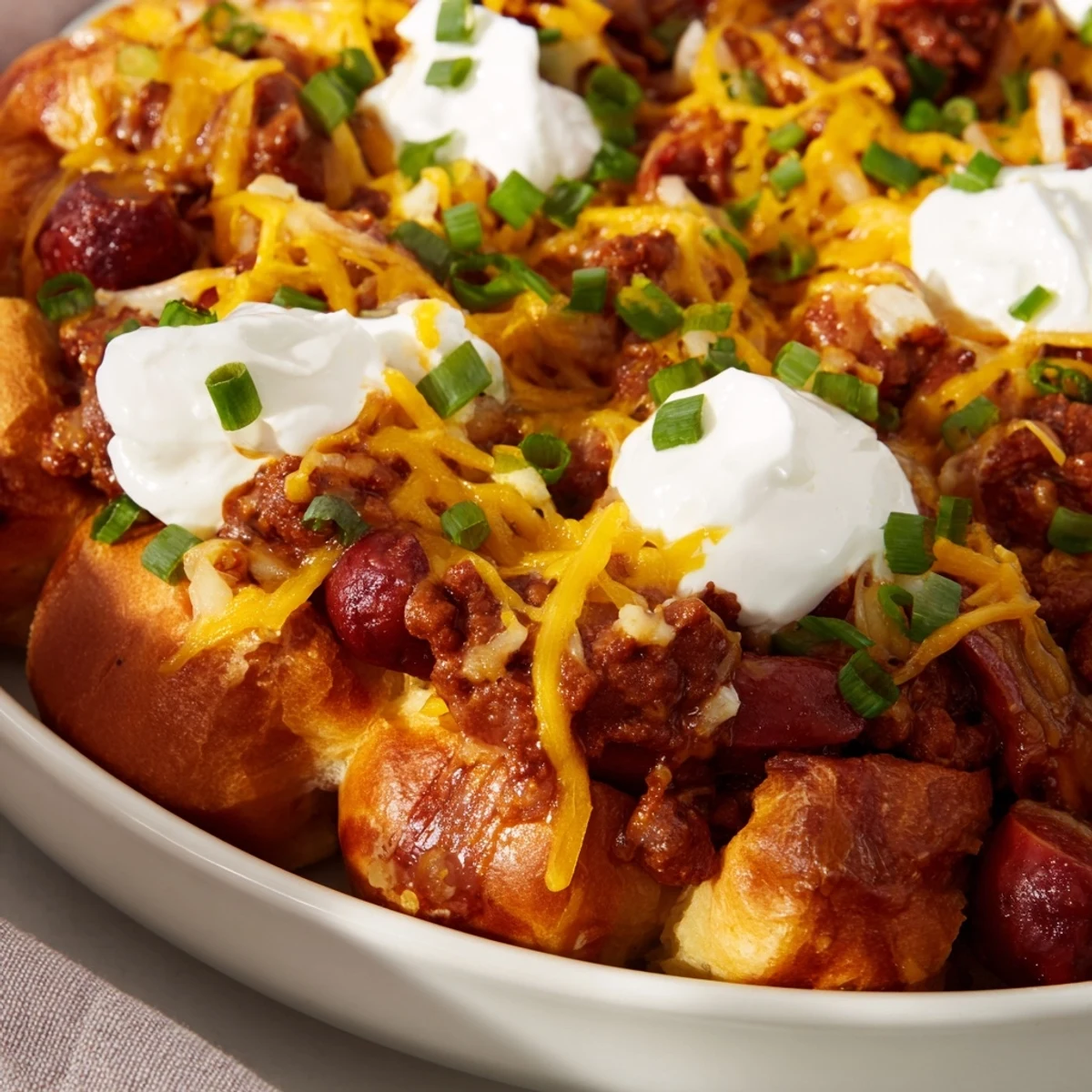 Comforting Chili Dog Casserole served hot, featuring savory hot dogs and rich chili.  