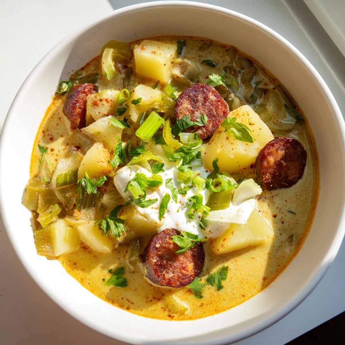 Creamy Potato, Leek & Chorizo Soup Bowl with garnished parsley and crusty bread.  