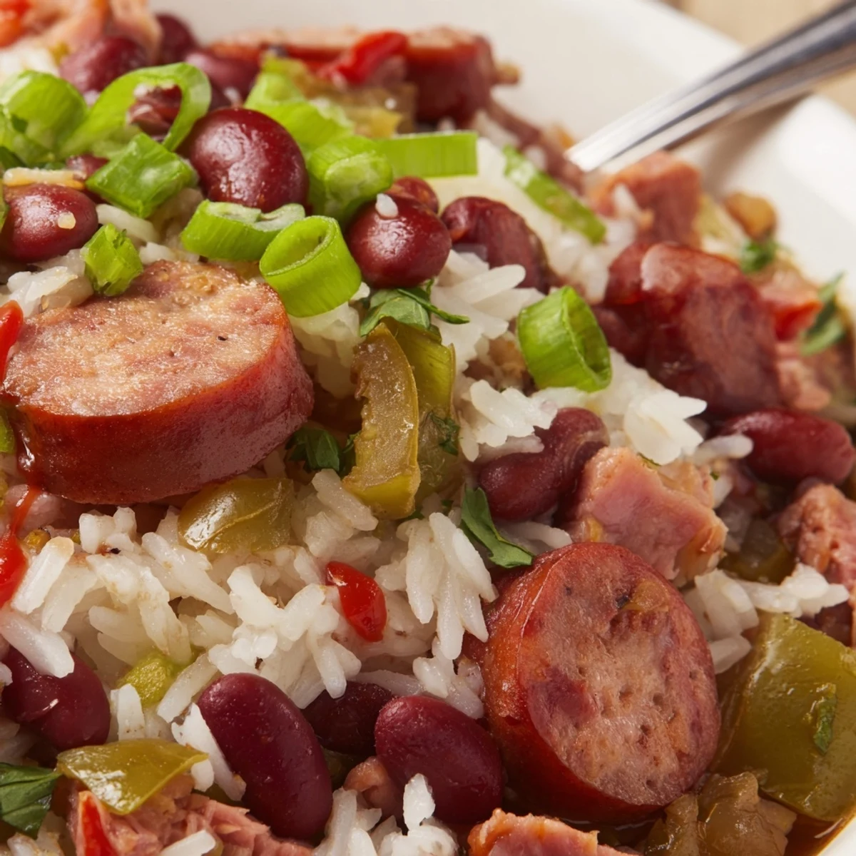 Hearty Red Beans & Rice with smoky sausage served over fluffy white rice.  