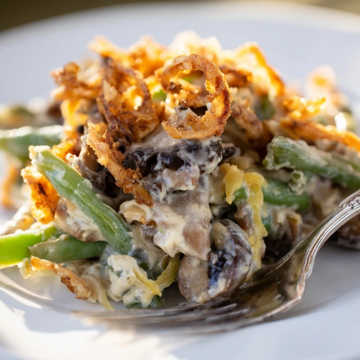 Classic old-school green bean casserole topped with crispy onions and creamy mushrooms.  