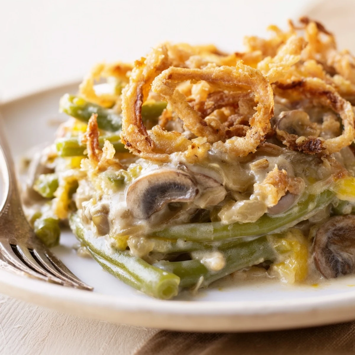 Warm old-school green bean casserole with savory mushrooms and crunchy fried onion topping.