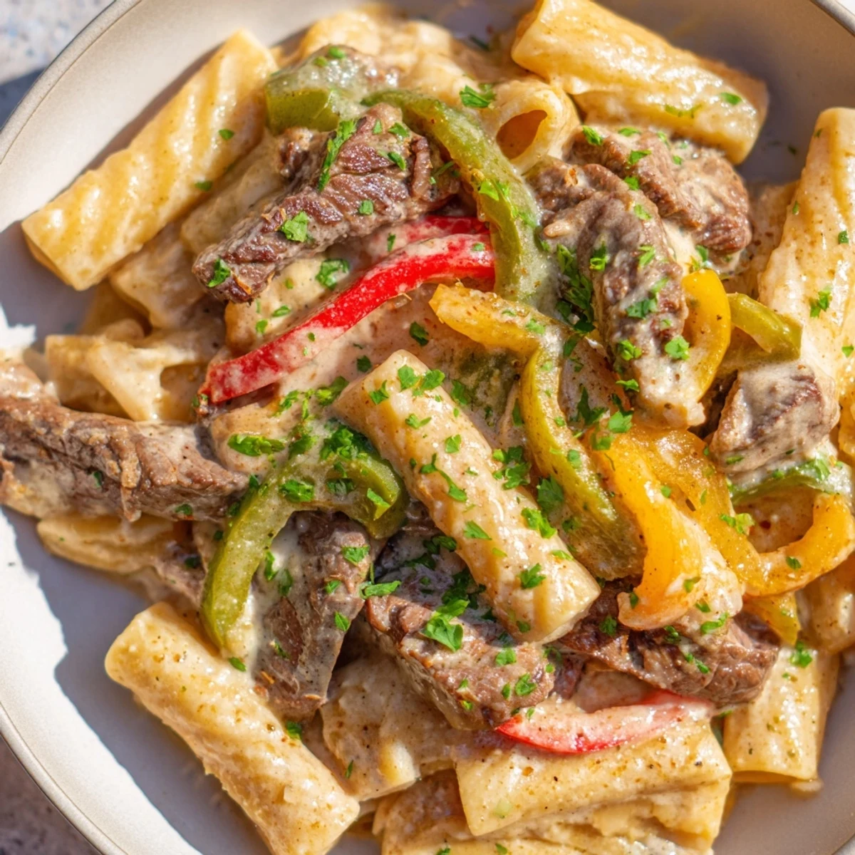 Hearty Philly Cheese Steak Pasta with creamy cheese sauce and colorful sautéed veggies.  
