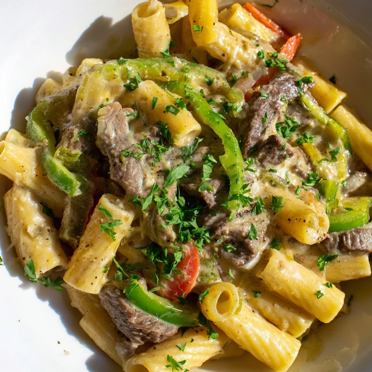 Mouthwatering Philly Cheese Steak Pasta featuring tender steak and rich, melty cheese sauce.