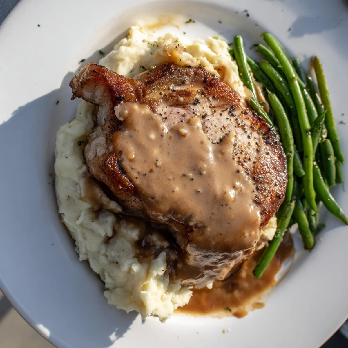 A hearty Pork Chops & Cheddar Mash Bowl features juicy pork chops, rich gravy, and bright green beans for dinner.