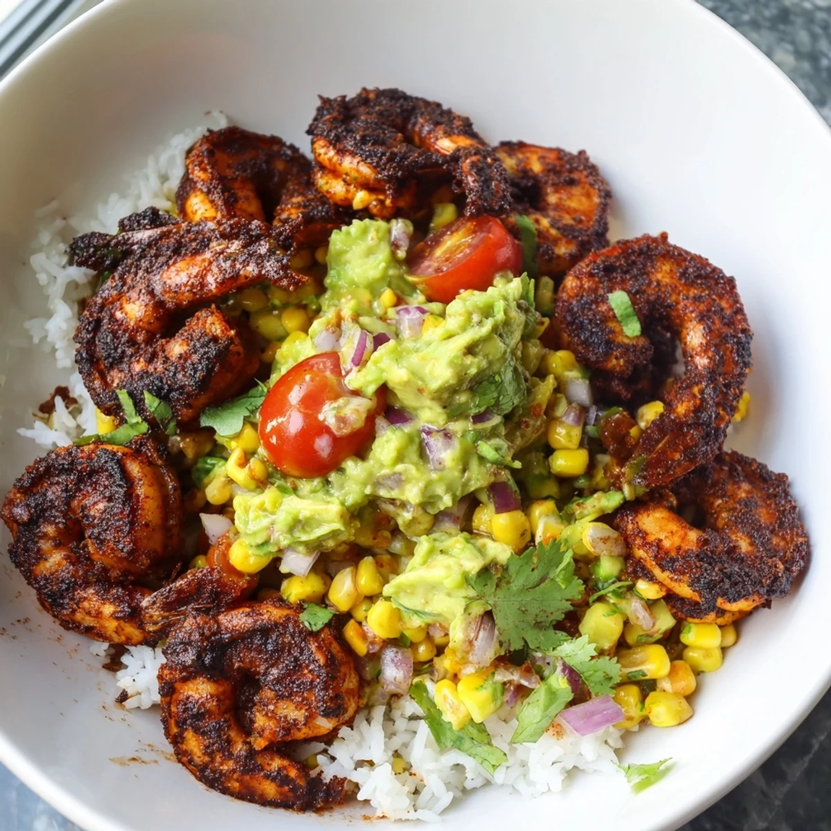 Perfectly cooked blackened shrimp bowl served over fluffy rice, delicious and colorful.