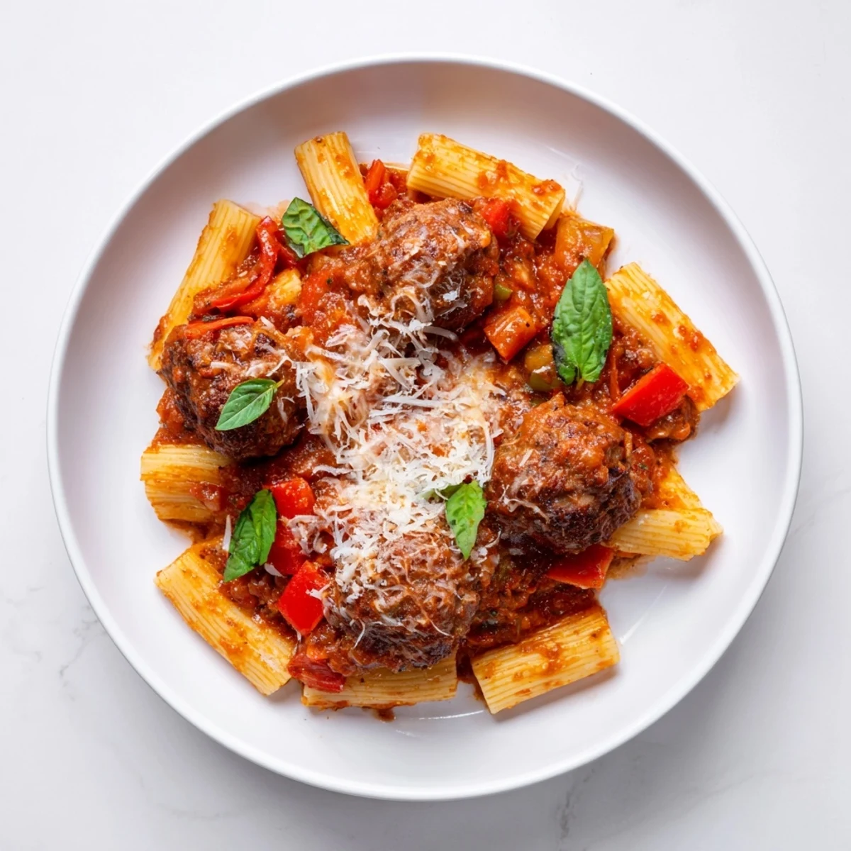A close-up of a steaming Italian Meatball Pasta Skillet, showing pasta and juicy meatballs.