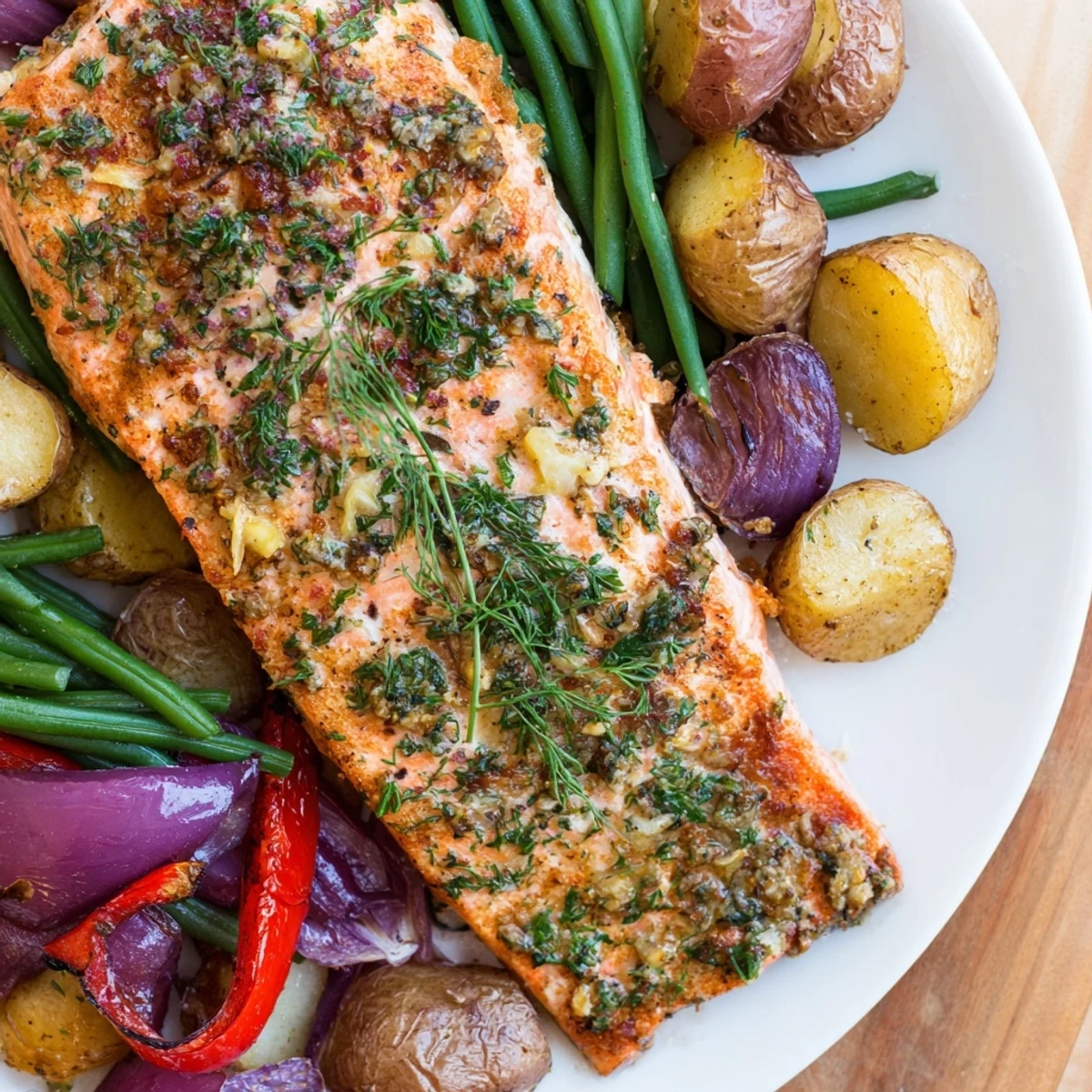 This image shows a sheet pan of cooked Lemon Herb Salmon and potatoes, garnished with fresh lemon wedges.