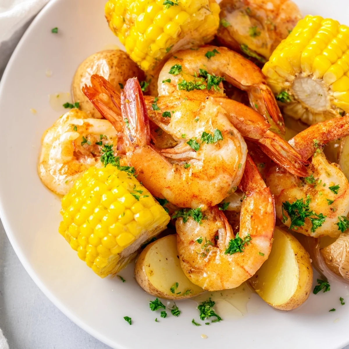 Golden-brown Cajun Shrimp & Sweet Corn Platter with vibrant red bell peppers and a hint of smoky paprika.