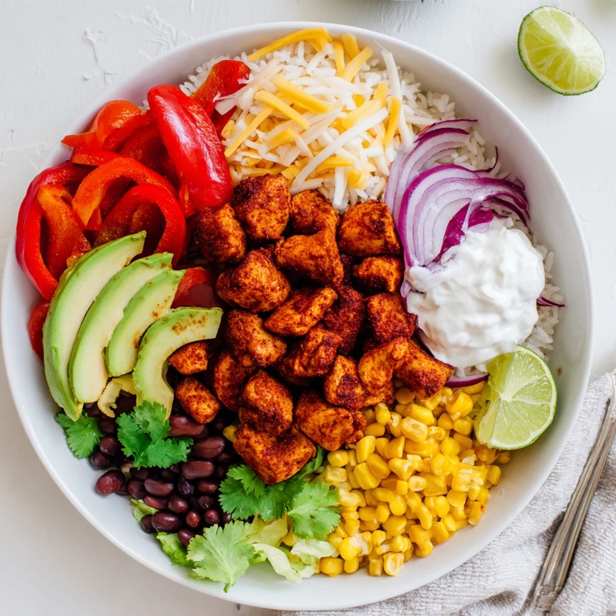 Freshly assembled Sheet Pan Chicken Burrito Bowls offer a flavorful Tex-Mex experience, perfect for a weeknight dinner.
