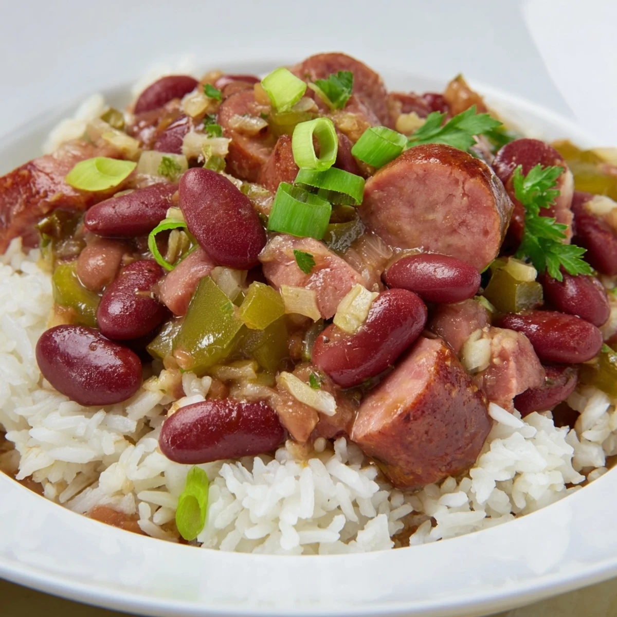 Steaming bowl of Red Beans & Rice, featuring tender beans and sausage with fluffy white rice.