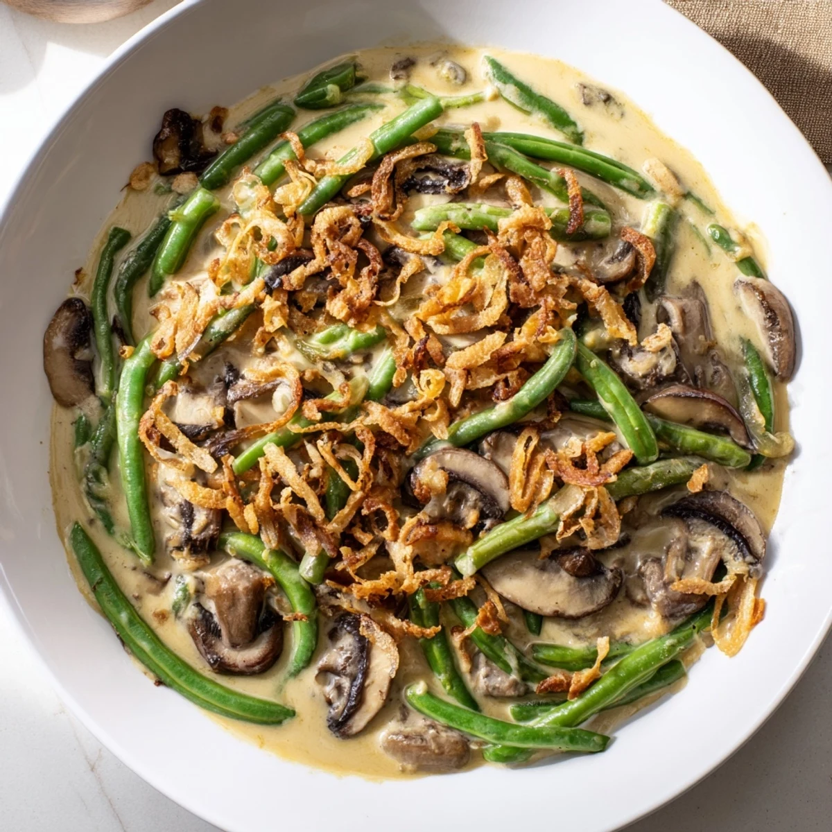 Creamy Old-School Green Bean Casserole topped with crispy fried onions, a holiday dinner staple.