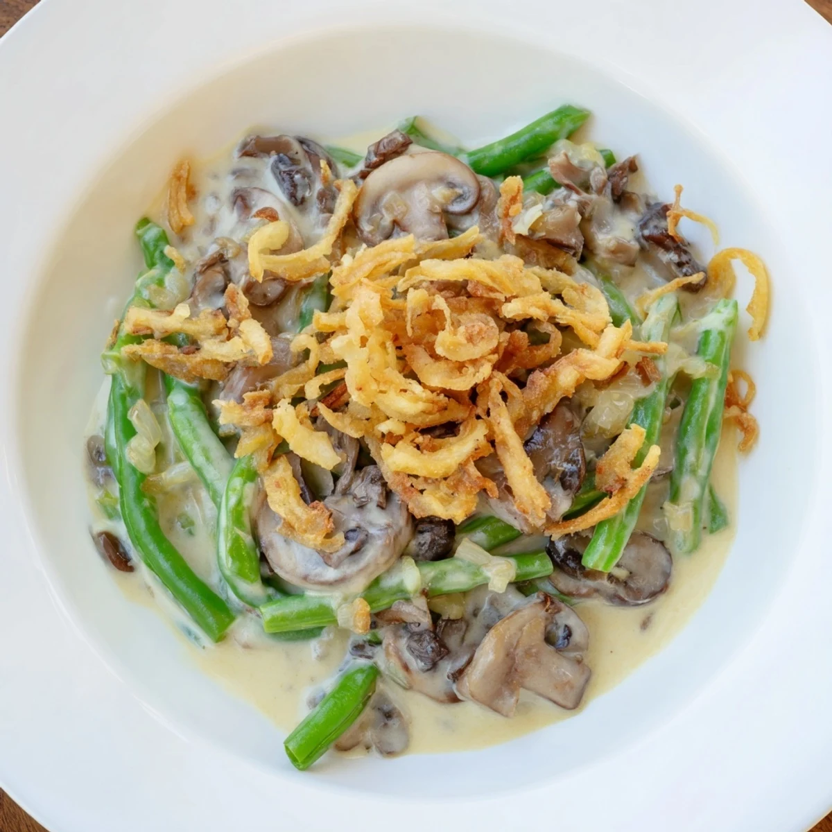 A warm baking dish of Old-School Green Bean Casserole, bubbly and golden, ready to serve.