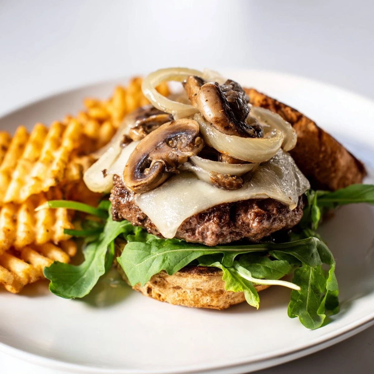 A close-up of a Mushroom Swiss Burger showing a savory patty and toppings with waffle fries on the side.