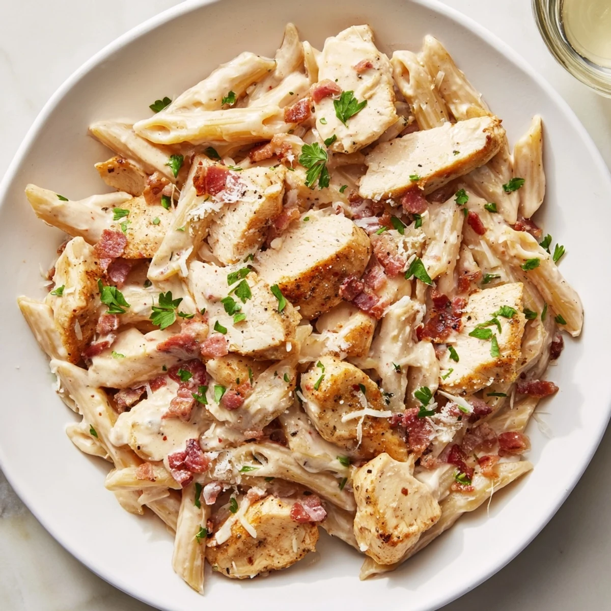 A close-up of creamy Ranch Chicken & Bacon Penne, with visible bacon and herbs garnishing.