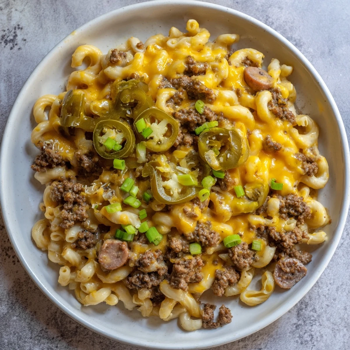Creamy Chili Cheese Dog Mac & Cheese garnished with green onions, a delicious, cheesy comfort food.