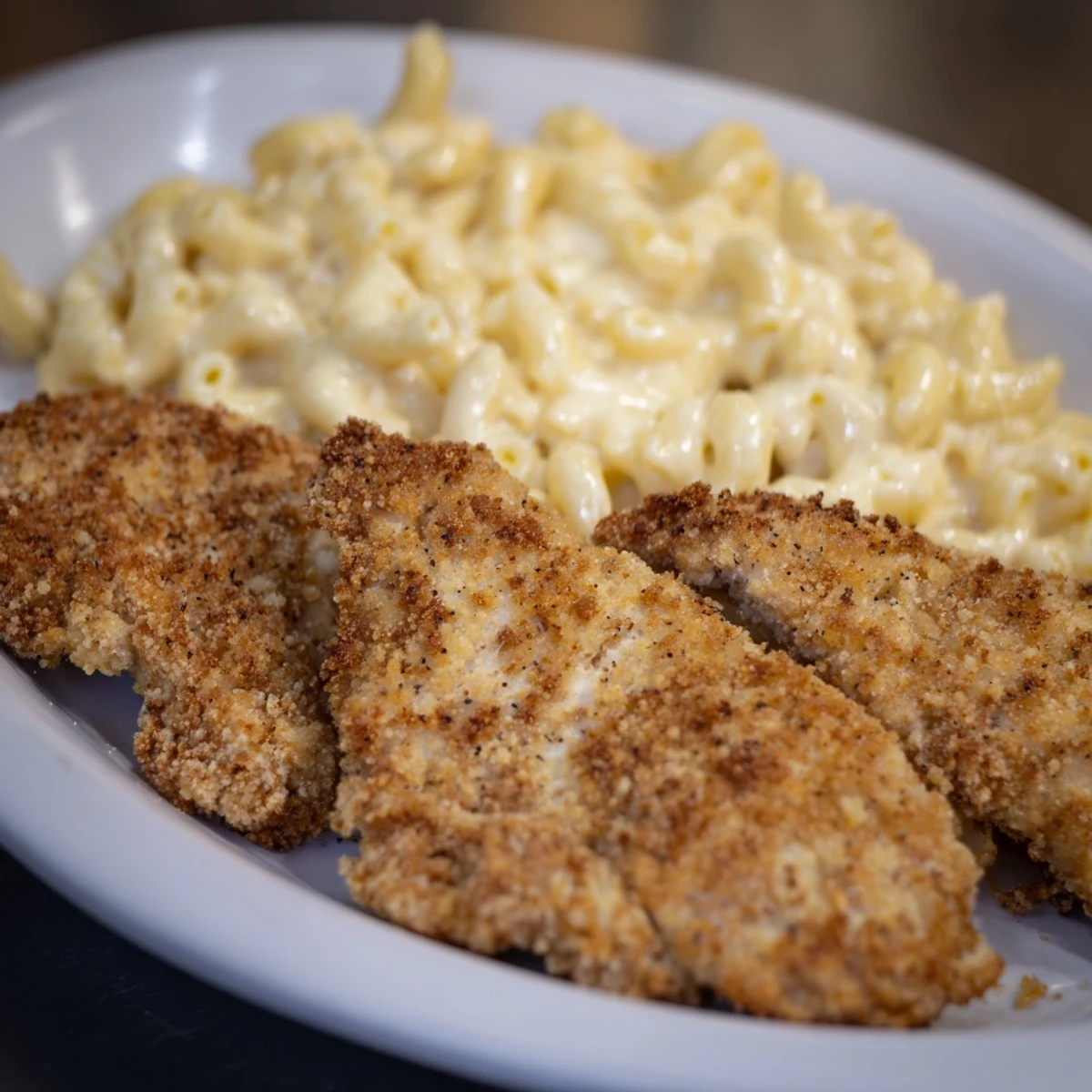 Golden, crispy chicken tenders and creamy macaroni and cheese—a classic comfort food dinner.