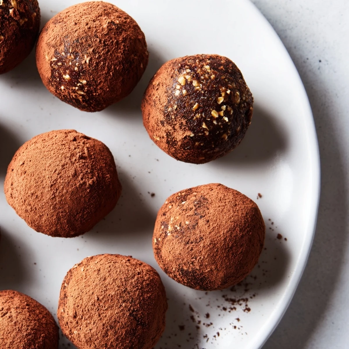 Date & Walnut Truffles rolled in cocoa powder, offering a delightful treat with a perfect, rich texture.