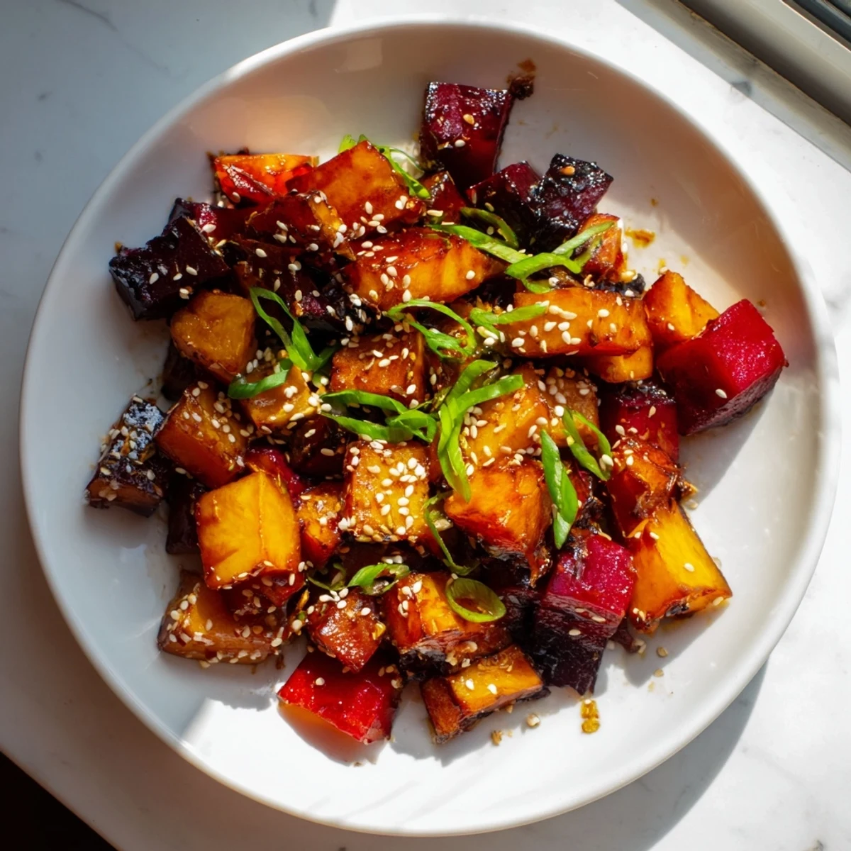 Golden-brown Miso Roasted Winter Vegetables, infused with a sweet and savory miso glaze, ready to serve..