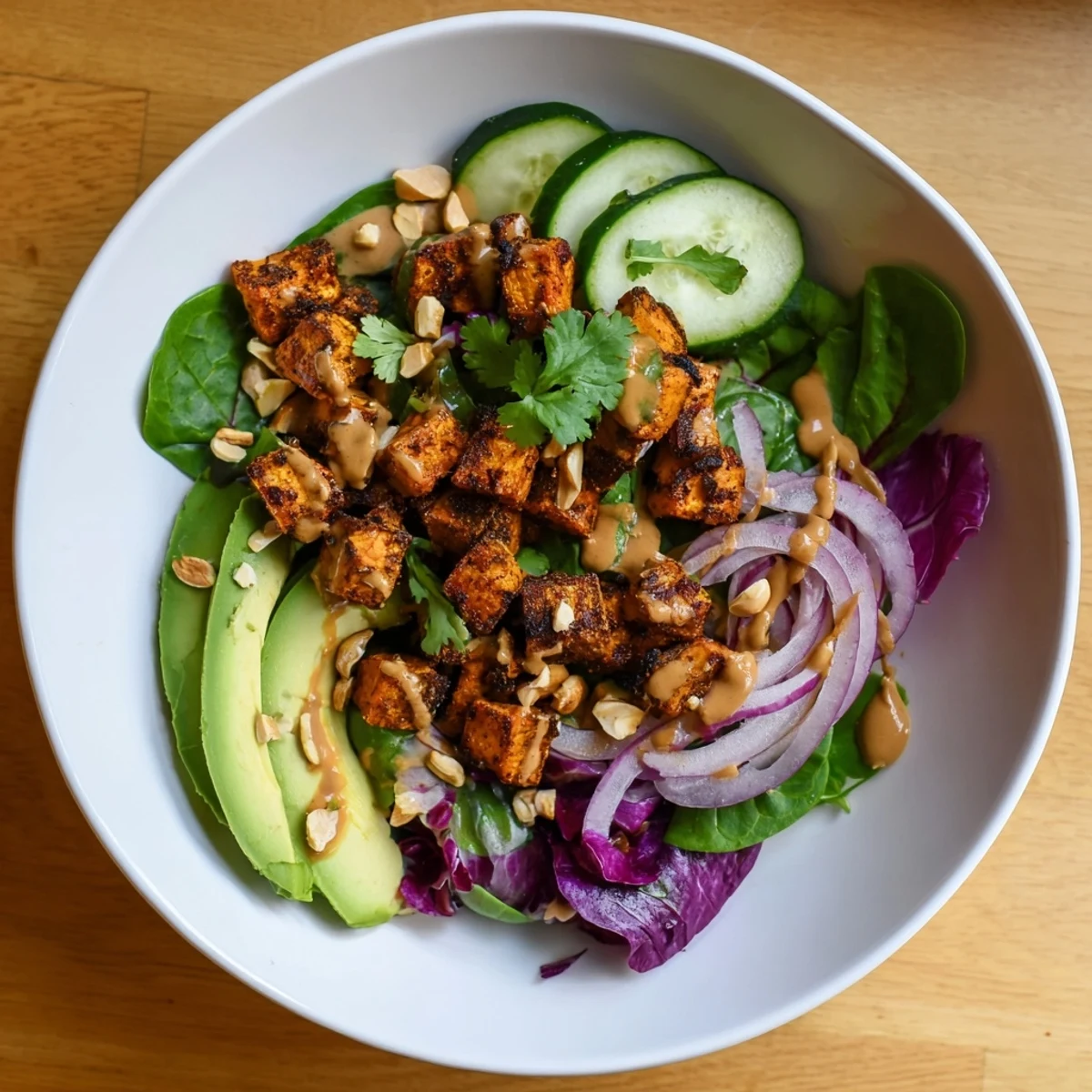 Spiced Peanut Sweet Potato & Radicchio Salad Bowl: A colorful bowl of roasted sweet potatoes and fresh greens, drizzled with peanut dressing.