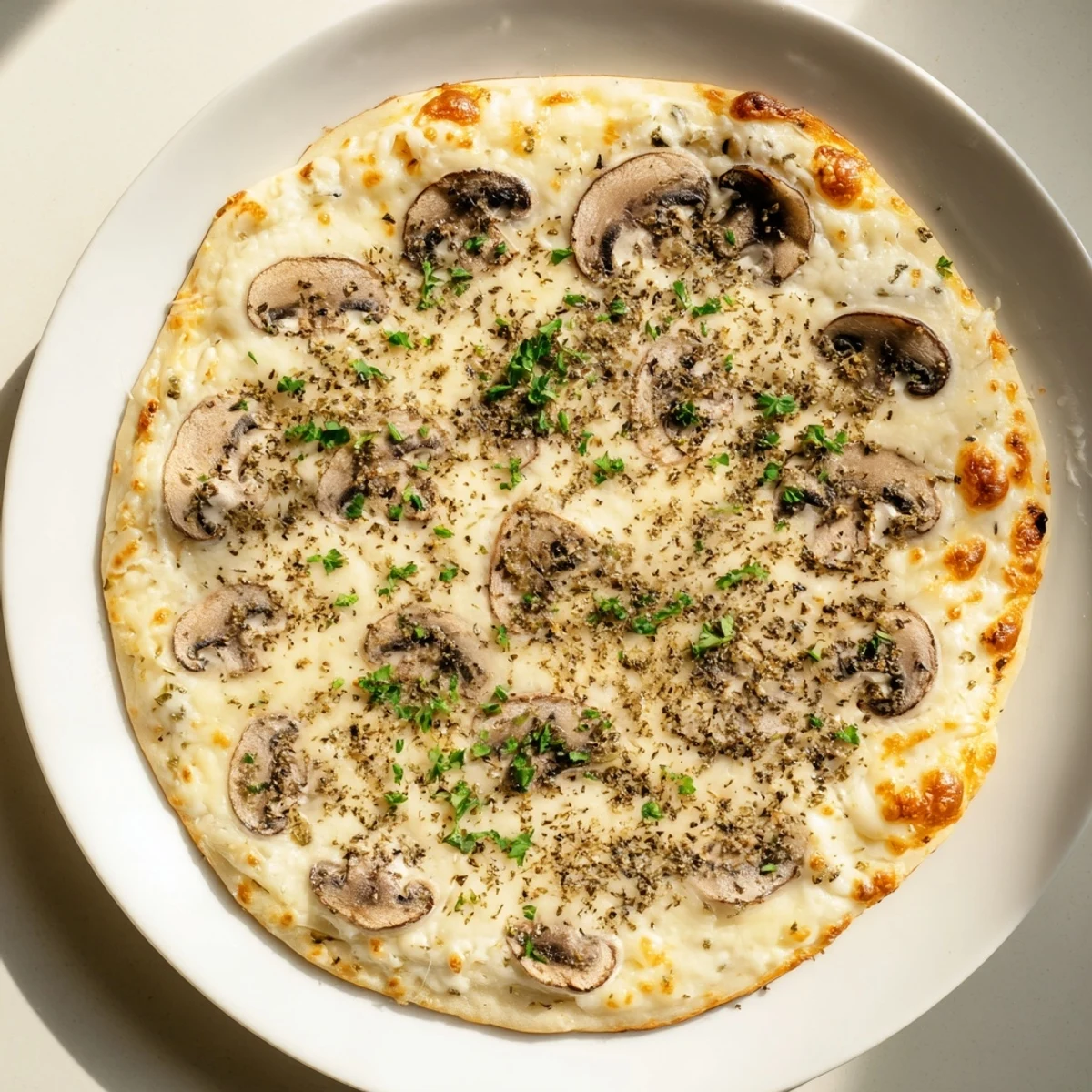 A close-up of a delicious and homemade Frozen Pizza Upgrade with extra cheese and savory mushrooms.