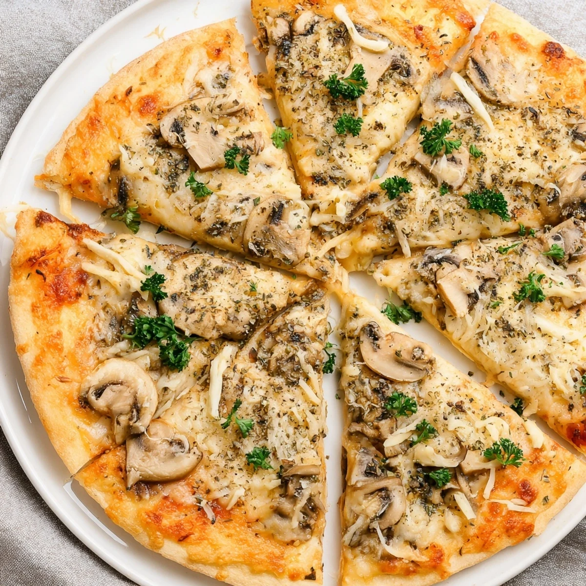 Golden, bubbly Frozen Pizza Upgrade with mushrooms, herbs, and cheese, ready for a satisfying bite.