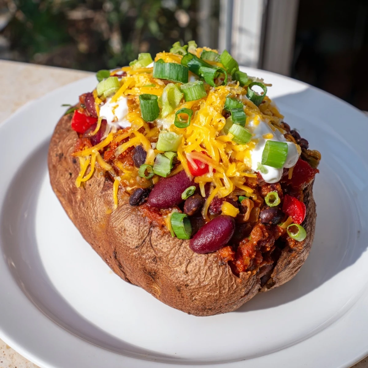 Steaming, delicious Chili-Style Baked Potatoes overflowing with chili, cheese, and fresh green onions—a hearty meal.