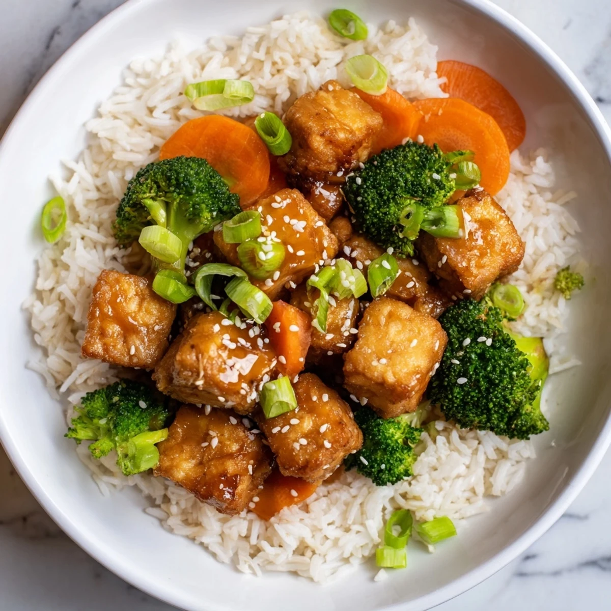 Golden-brown sesame tofu & broccoli, a vibrant vegetarian dish, served over fluffy white rice.