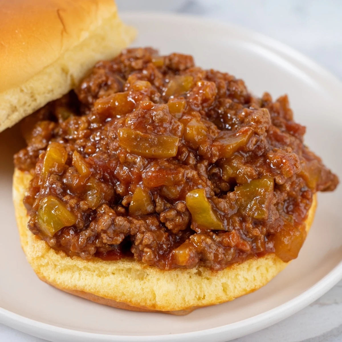 A close-up of delicious, saucy Sloppy Joes overflowing from soft hamburger buns, ready to eat.