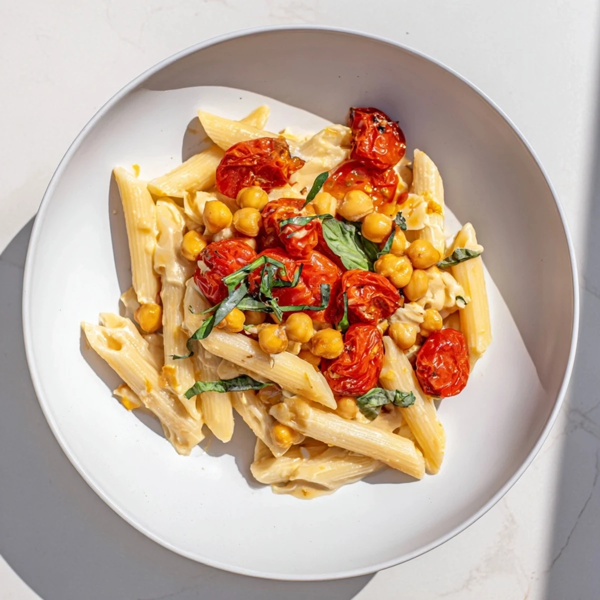 Golden baked feta, chickpeas, and tomatoes over pasta: a comforting Mediterranean-style dish.