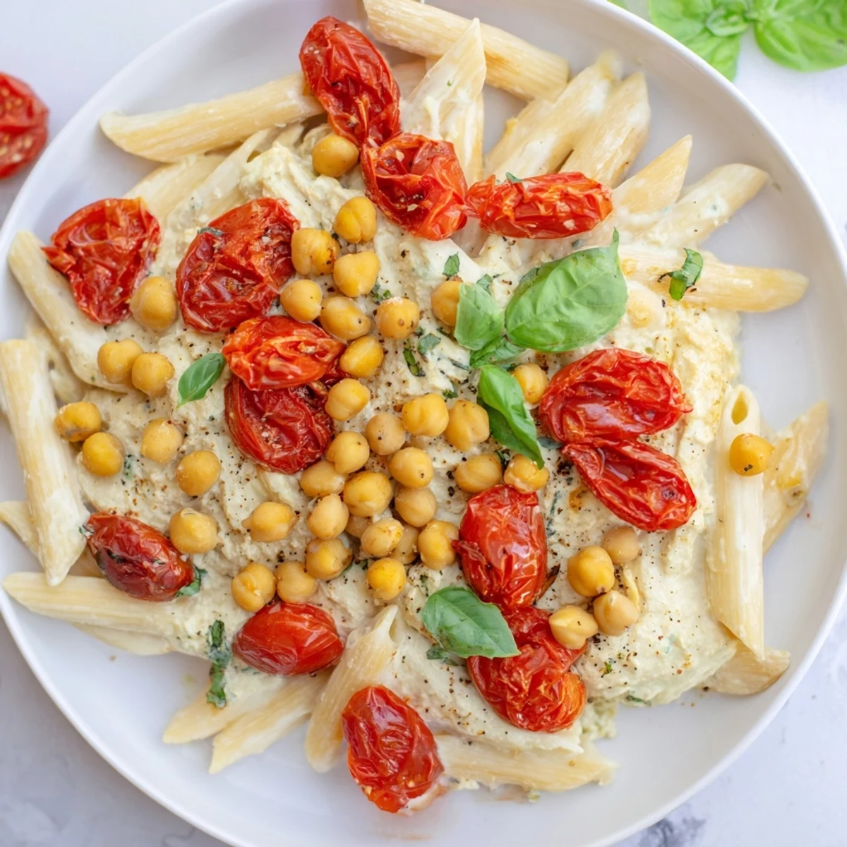 A close-up of baked feta with chickpeas and tomatoes, ideal for a delicious vegetarian meal.